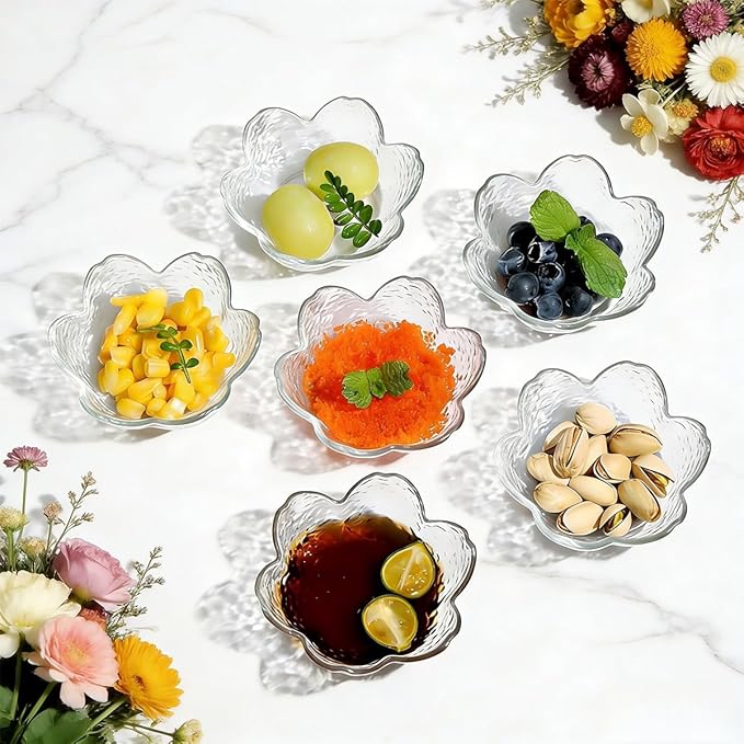 6Pcs Sakura Sauce Dishes Set, 3.34x1.37 inch Acrylic Cherry Blossom Dipping Bowls, Clear Small Condiment Dishes for Soy Sauce, Sushi, Snacks, and Party Appetizers