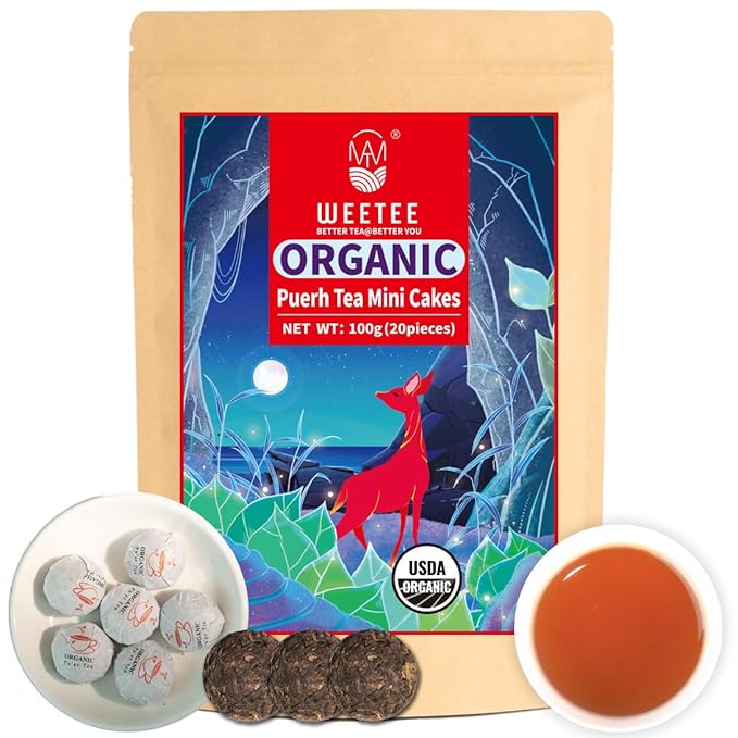 WT WEETEE Organic Pu-erh Tea, Organic Ripe Puerh Tea Mini Tea Cake with Glutinous Rice Fragrant, Chinese Aged Pu'erh Loose Leaf (3.5 Ounce/ 20 Cakes)