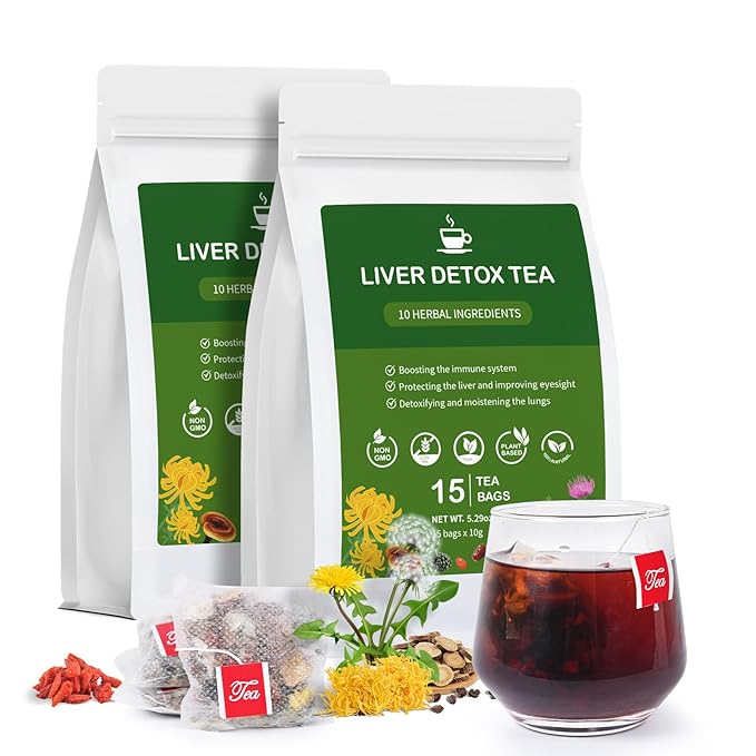 Liver Detox Tea, Chinese Kidney and Liver Cleanse Detox Herbal Tea Support Kidney Healthy Function with 11 Precious Ingredients Formula (2 Pack/30 Bags)