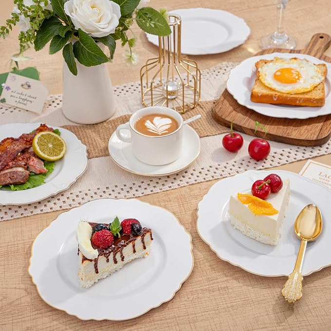 WDF 60pcs Gold Dessert Plates-7.5inch Baroque White and Gold Small Dessert Plates/Disposable Salad/Appetizer Plate for Upscale Party/Wedding/Birthday