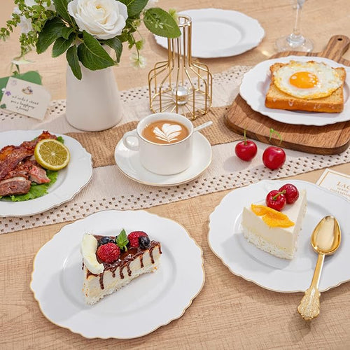 WDF 60pcs Gold Dessert Plates-7.5inch Baroque White and Gold Small Dessert Plates/Disposable Salad/Appetizer Plate for Upscale Party/Wedding/Birthday