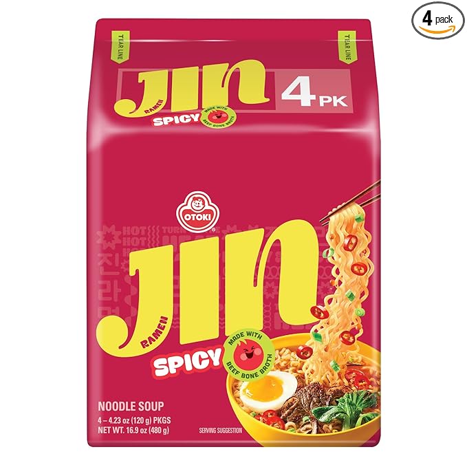 OTOKI Jin Ramen Spicy Korean Instant Ramen, 13-Hour Simmered Beef Bone Broth, Bold Spicy Flavor, Ready in 4 Minutes, 4.23 oz (Pack of 4)