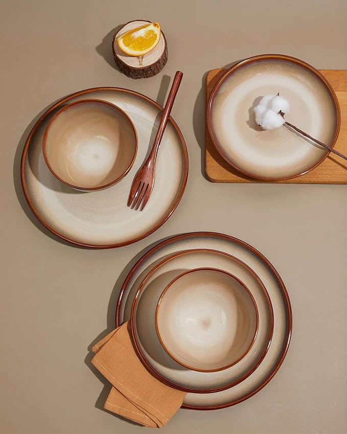 Pokini 16 Piece Double Bowl Plates and Bowls Sets, Ceramic Dinnerware Sets with Pasta Bowls, Dishwasher & Microwave Safe Dish Set, Scratch Resistant Stoneware Plate Set, Service for 4 Brown Yellow