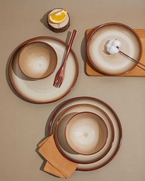 Pokini Ceramic Dinnerware Sets for 6, 18 Pieces Stoneware Plates and Bowls Sets, Chip and Crack Resistant Dishes, Dishwasher & Microwave Safe Dishware Sets, Brown Yellow