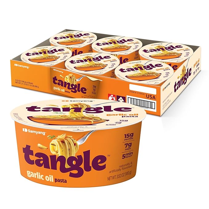Samyang Tangle Garlic Oil Spaghetti Aromatic Roasted Garlic and Olive Oil Flavor Spicy Kick Air Dried Noodle Quick Microwave Meal 3.70 oz (Pack of 6)