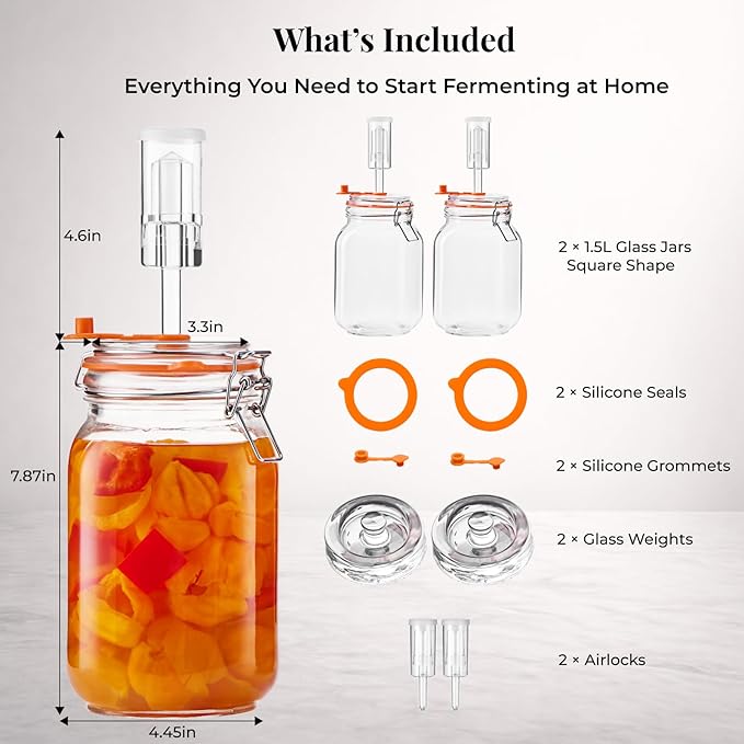 1.5L Wide Mouth Fermentation Jars, Pack of 2 with Airlocks & Glass Weights, Complete Fermenting Kit for Sauerkraut, Kimchi & Pickles