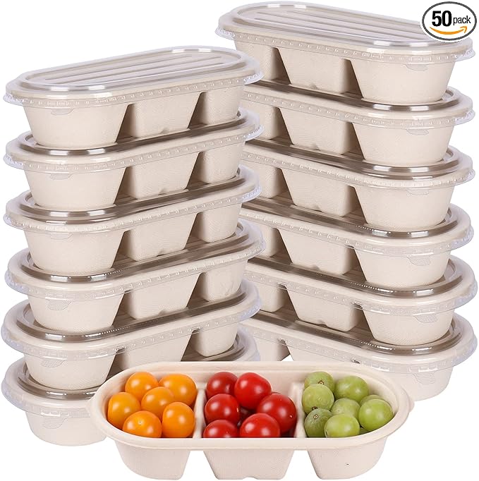 disposable paper bowls 18 oz 3 compartments with lids, Sugarcane Fiber For Snack, Dessert, Meal Prep 50 Pack