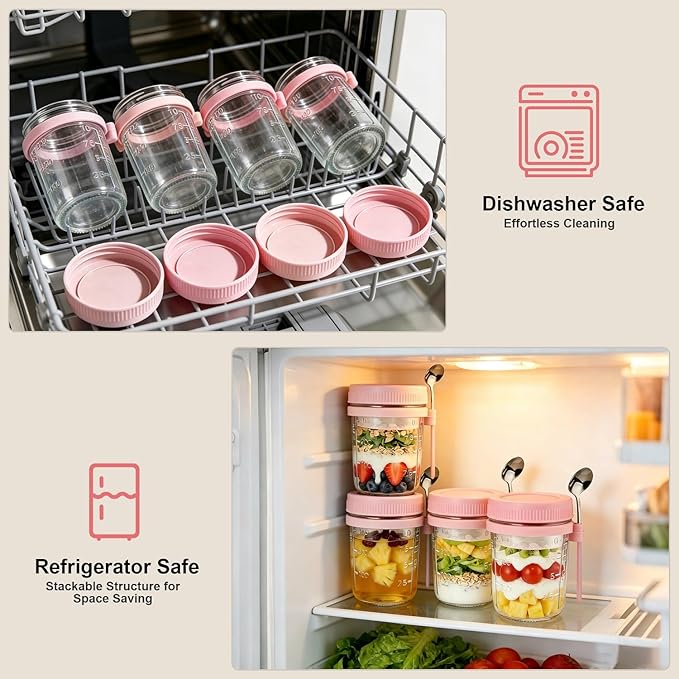 4 Pack Overnight Oats Containers with Lids and Spoons - 16 oz Glass Mason Jars with Dressing Cup, Over night Oat Jars for Meal Prep, Yogurt Parfait Cup for Chia Seed Salad (Pink)