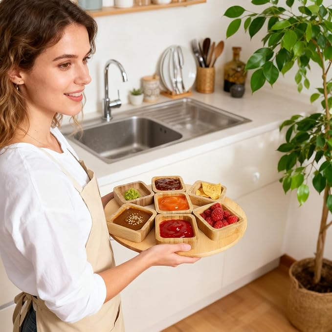 Jucoan 10 Pack Small Bamboo Bowls, Square Wooden Sauce Dish Dipping Bowl for Condiments, Appetizers, Snack, Ketchup, Charcuterie Board, Unbreakable, Stackable, Lightweight