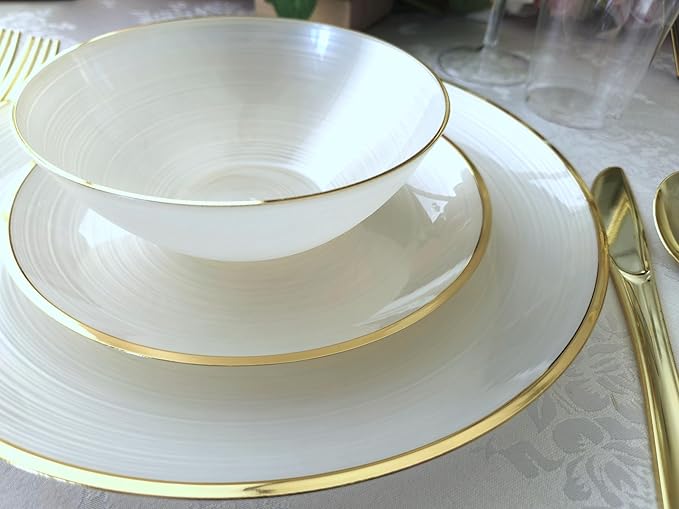 " OCCASIONS " 50 Plates Pack (25 Guests)-Wedding Party Disposable Plastic Plate Set -25 x 10'' Dinner + 25 x 7'' Salad & Dessert plates (Belize in White Pearl & Gold)