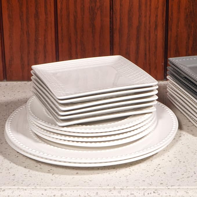 Square Dinner Plates, Set of 6, 6 Inch White Ceramic, Embossed Crisscross, Safe for Dishwasher, Microwave and Oven