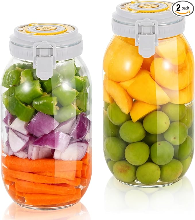 2 Pack Fermentation Jar with Automatic Venting & Date Marker - 2L Airtight Glass Storage Jar for Pickles, Kimchi, Jams, Dry Goods, Leak-Proof Food Container (0.53 US Gal / 67.6 US fl oz)
