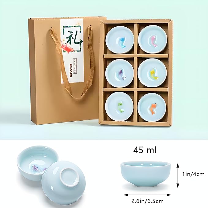 Yixing Handmade Celadon Colorful Koi Fish Teacup(Set of 6),Chinese Gongfu Tea Cup,Japanese Teacup, Korean Soju Shot Glasses Set (Koi Cups)