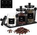 Suclain 3 Pcs Glass Coffee Container with Wooden Lid Spoon Shelf Labels Clear Airtight Jar Food Storage Canister Set for Sugar Spice Coffee Bean Holder Housewarming Gift (13.5,20,25 oz,Black Bamboo)