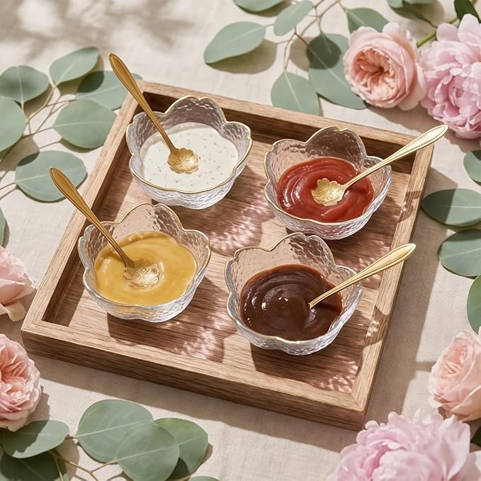 3.3“ Small Sakura Dipping Bowls Set with Gold Spoons，Clear Glass Sauce Dishes with Gold Trim for Soy Sauce, Sushi, Snacks, and Party Appetizers（12 Bowls+12 Spoons）