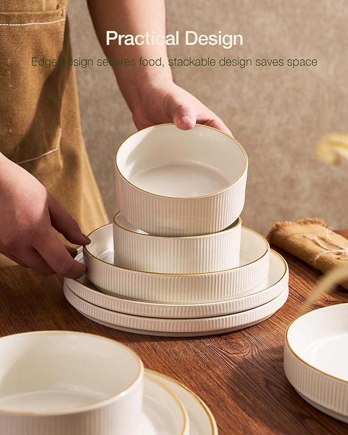 Famiware Star 16-Piece Stoneware Dinnerware Set with Trim, Service for 4 -Ceramic Mugs, Plates and Bowls, Modern Rustic Dishes with High Edge, Chip/Scratch Resistant, Microwave/Dishwasher Safe, White
