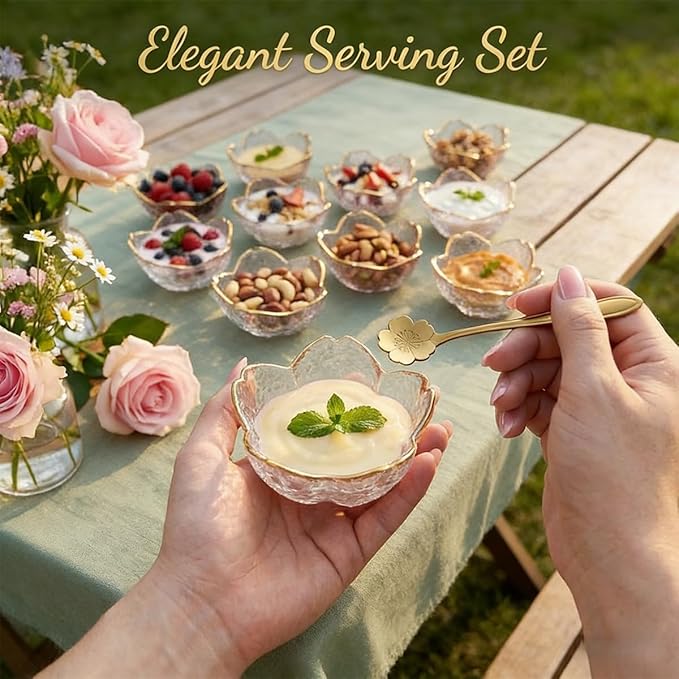 3.3” Small Sakura Dipping Bowls Set with Gold Spoons，Clear Glass Sauce Dishes with Gold Trim for Soy Sauce, Sushi, Snacks, and Party Appetizers （2 Bowls+2 Spoons）
