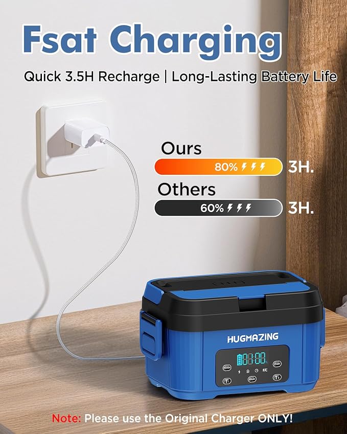 Hugmazing Cordless Electric Lunch Box for Adults, Men & Women – Rechargeable Self-Heating Food Warmer with 1.2L SS Container, Battery-Powered Heated Lunch Box, Perfect for Work and Travel Use