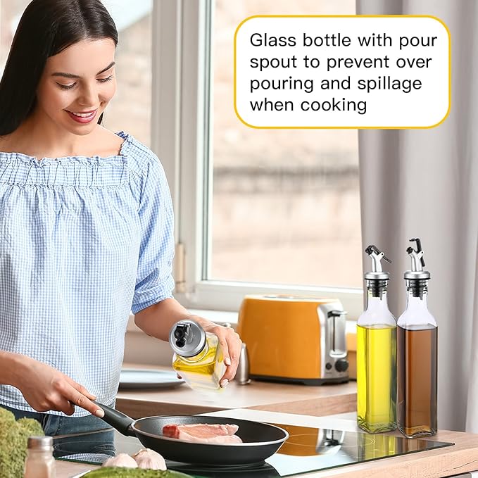 Hushee 15 Pcs Clear Glass Olive Oil Dispenser Bottles Sets Include 8oz Glass Bottle with Spout Oil Vinegar Cruet Container for Kitchen Stainless Steel Funnel Black Labels with White Pen(Silver)