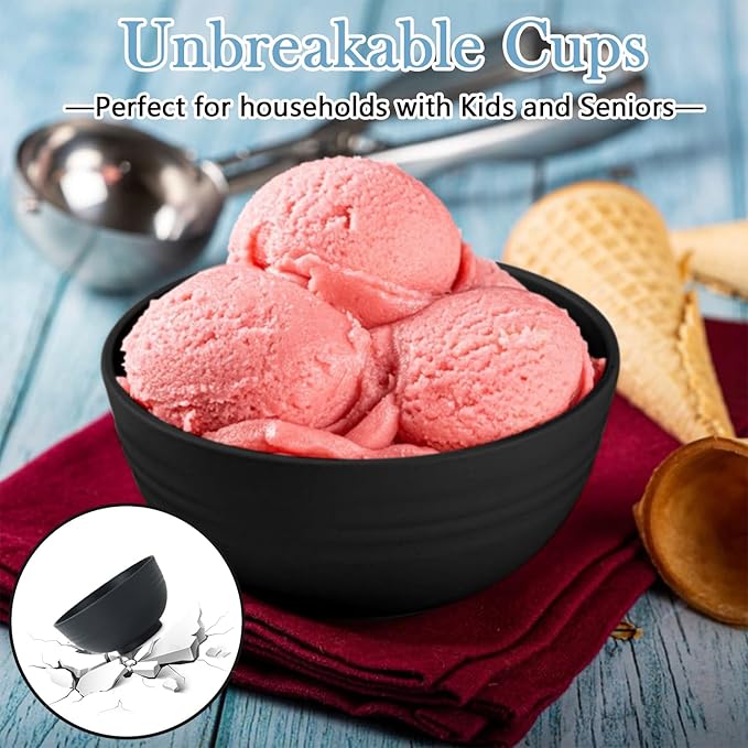 PYRMONT Unbreakable 10 OZ Bowls Wheat Straw Bowls Set of 8 Alternative Plastic Bowls Reusable Dishwasher & Microwave Safe Small Bowls for Kitchen,Camping,Small Ice Cream Bowls for Party-Black