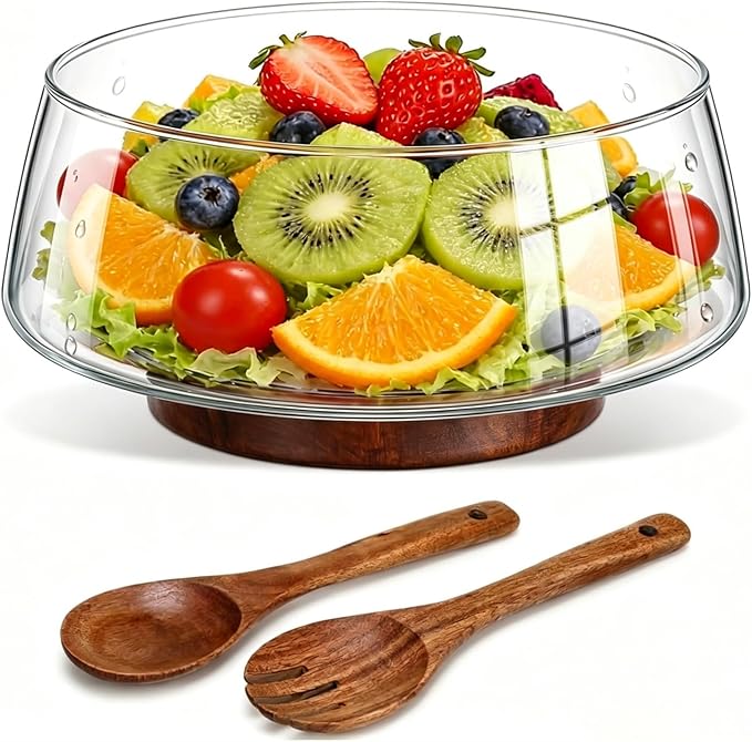 121oz Large Glass Salad Bowl Set with Acacia Wood Base, 3.8QT Clear Serving Bowl with Wooden Spoons, 3600ml Decorative Mixing Bowl for Fruit, Pasta, Party and Thanksgiving (Classic Smooth)