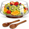 121oz Large Glass Salad Bowl Set with Acacia Wood Base, 3.8QT Clear Serving Bowl with Wooden Spoons, 3600ml Decorative Mixing Bowl for Fruit, Pasta, Party and Thanksgiving (Classic Smooth)