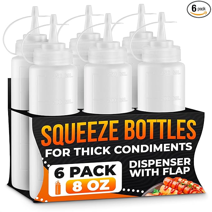 6-Pack Plastic Condiment Squeeze Bottles 8oz – Refillable Squirt Bottles with Narrow Tip, Leak-Resistant | Great for Oil, Sauces, Ketchup, Mayonnaise, Syrup, Dressing, BBQ Stations & Catering Use
