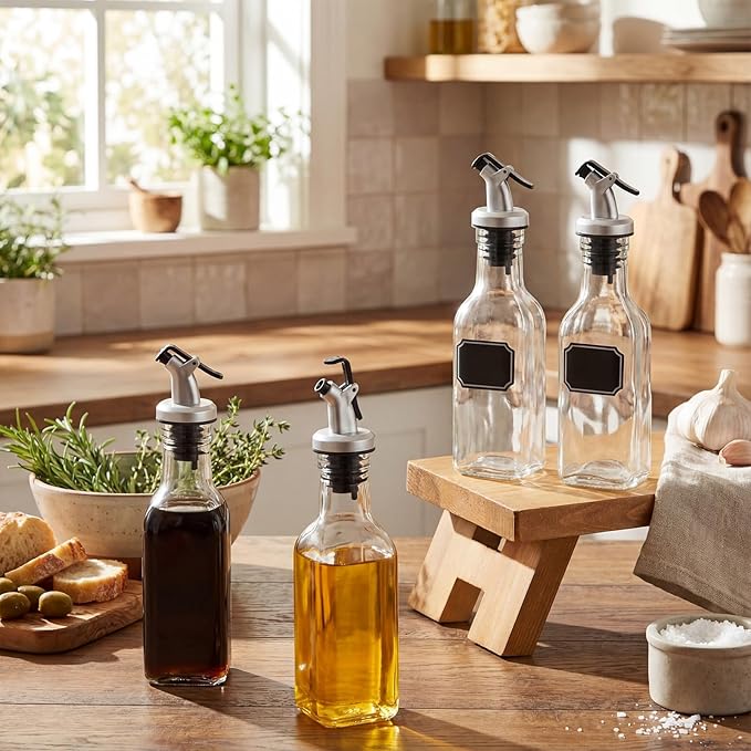 Hushee 18 Pcs Clear Glass Olive Oil Dispenser Bottles Sets Include 5oz Glass Bottle with Spout Vinegar Cruet Container for Kitchen Stainless Steel Funnel Black Label with White Pen