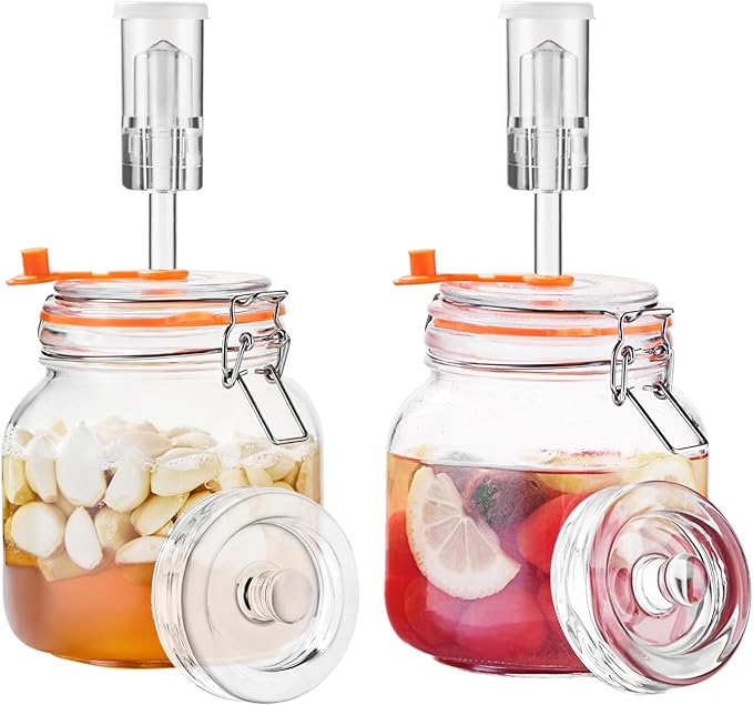 Jillmo 1 Liter Fermentation Jar, Square Glass Fermenting Kit with Weight for Making Sauerkraut, Hot Sauce, Mead, Cider and More, Pack of 2