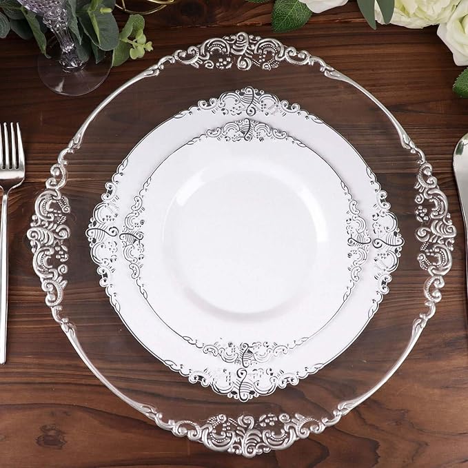 Efavormart 10 Pack | 10" White and Silver Baroque Dinner Plates, Leaf Embossed Metallic Rim Heavy Duty Serving Plates for Military Galas and Formal Events