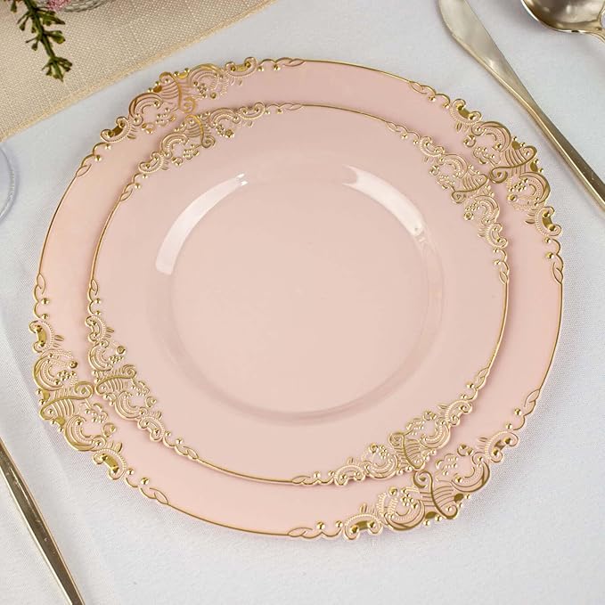 Efavormart 10 Pack | 8" Blush Rose and Gold Baroque Dessert Plates, Leaf Embossed Metallic Rim Heavy Duty Appetizer Plates for Romantic Showers