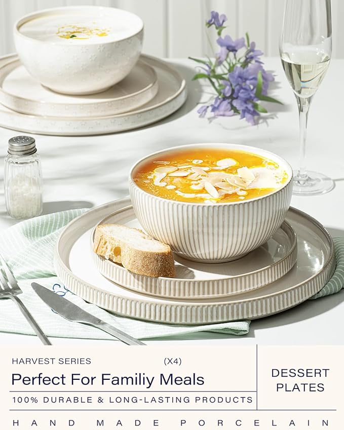getstar 8” Ceramic Dinner Plates, Set of 4, Microwave & Dishwasher Safe, Salad Pasta Deep Plates with Embossments Set of 4