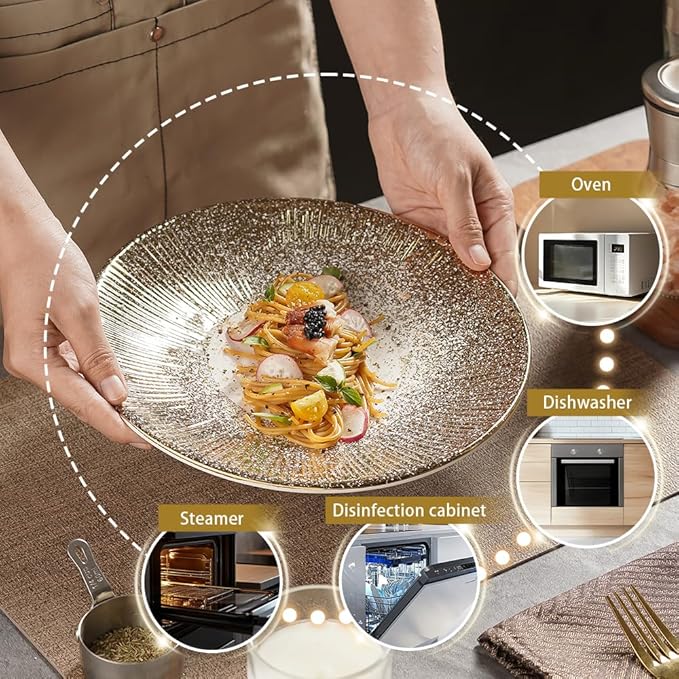 Akita Series 9.7-Inch Round Platter Set of 4, Gold Starburst Design with White Speckles, Food-Safe Porcelain for Entertaining & Holiday Gifting