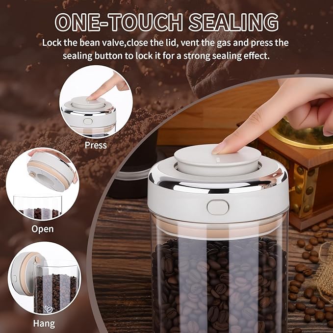 57oz Airtight Glass Coffee Canister with One-way CO2 Valve, Borosilicate Vacuum Coffee Bean Storage Canister with Date Tracker, Wide-Mouth Storage Container for Coffee Bar,Home,Kitchen