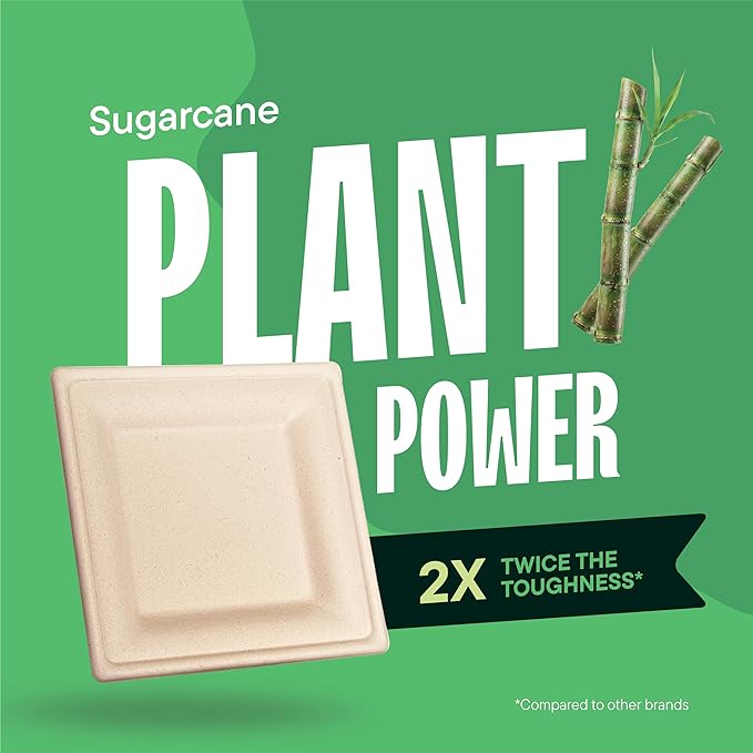 100% Compostable Square Paper Plates [50-Pack] - {PFAS-Free} - {BPI Certified} - [8 Inch] Heavy Duty, Eco-Friendly, Biodegradable Bagasse Dinner Plates - Natural Brown 8" Square Plate by Stack Man