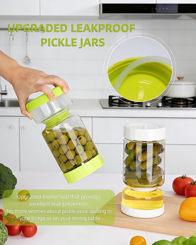 ZENS Pickle Jar with Strainer Flip, 37 oz Hourglass Pickle Juice Separator Container, Airtight Leakproof Lid, 2 Pack Pickling Jars for Olive, Jalapeno Container-Dual Wet-Dry Design