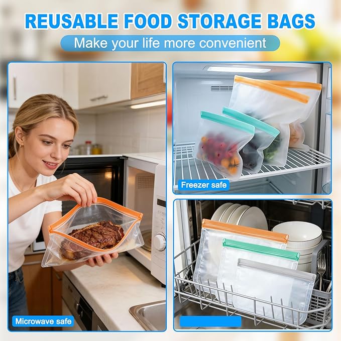 20 Pack Reusable Food Storage Bags Freezer Safe Dishwasher Leakproof for Frozen Meat Fruits & Vegetables Bag Home Organization Travel Toiletries Meal Prep 8 Gallon 8 Sandwich 4 Snack