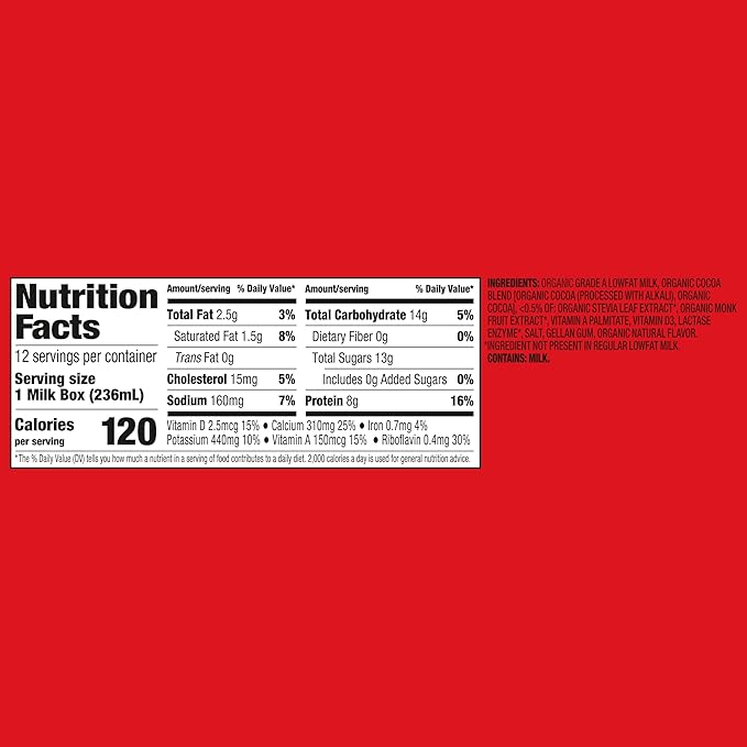 NEW Horizon Organic Shelf Stable No Added Sugar Lactose Free 1% Lowfat Chocolate Milk Boxes, Pack of 12-8g Protein per Serving