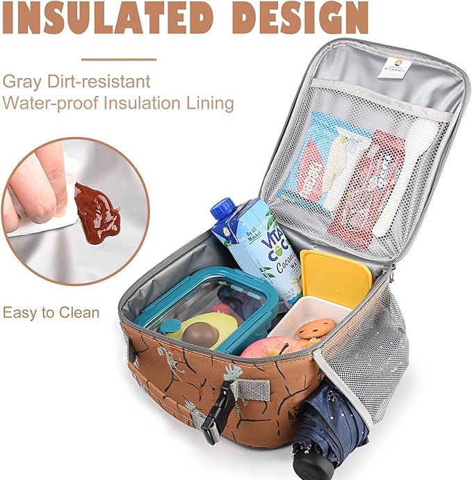 CaCTOUR Lunch Box Kids,Premium Insulated Lunch Bag for Girls Boys,Soft Bag Mini Cooler Back to School Thermal Reusable Lunch Bag for Work School Picnic （Brown Dino