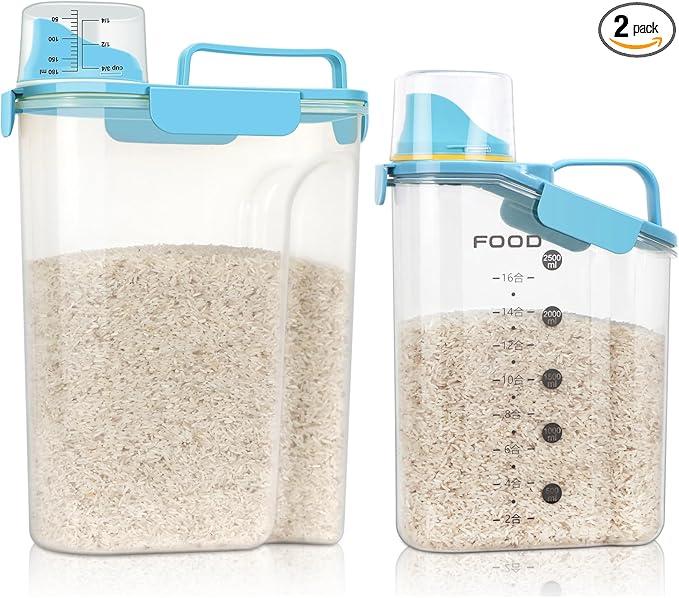 LEAWALK 3+6Qt Rice Storage Container Upgraded Large Nozzle BPA-free, With 4 Sealed Clasps, 1 Measuring Cup and Handle for Snacks, Rice, Grains, Flour, Sugar, Pet Food, Etc-Elegant Blue 2Pack