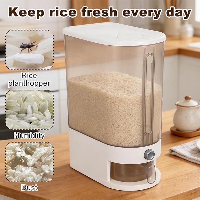 FMOACEN 22 Lbs Rice Dispenser with Measuring Cup Large Airtight Cereal Dispenser Multifunctional Dry Food Storage Container for Rice Grains Soybean Corn Kitchen Pantry Organization