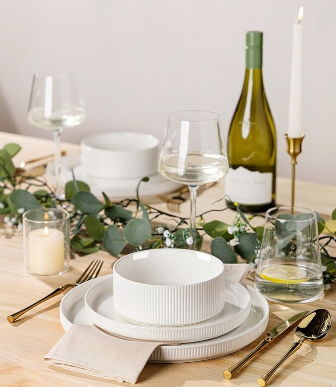 TheTerra Ceramic Dinnerware Sets for 8, 24 Pieces Porcelain Lightweight Plates and Bowls Sets, Scratch Resistant Dish Set, Oven & Microwave & Dishwasher Safe, Crisp White