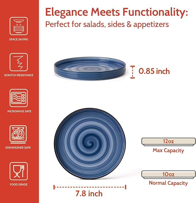 Sweese 7.8 Inch Porcelain Dessert Plates Set of 6 - Gradient Salad Plates, Microwave & Dishwasher Safe, Scratch-Resistant, Elegant High-Edge Design for Appetizers, Cakes, Pasta - Cool Assorted Colors