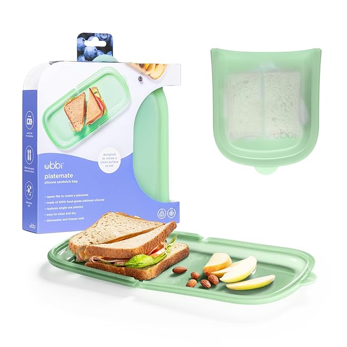 Ubbi Platemate Reusable Silicone Storage Bag, Opens Flat as Placemat, Dishwasher and Freezer-Safe, Lunch Container, Leakproof Sandwich & Snack Bag, Easy to Clean, BPA-Free, Sugar Snap Green