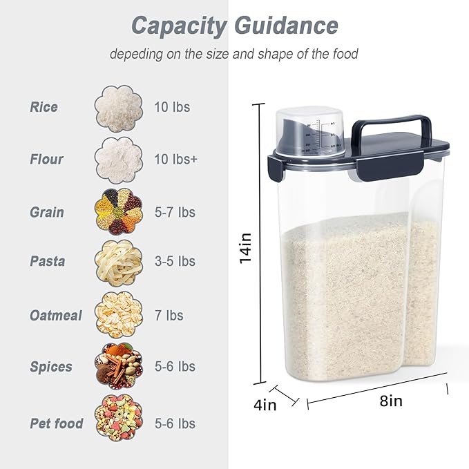 LEAWALK Airtight Rice Storage Container, 7-10Lbs Cereal Dry Food Flour Bin, Pet Dog Cat Food Dispenser with Measuring Cup, BPA Free Plastic Kitchen and Pantry Organization Bin for Sugar-Lnk Blue