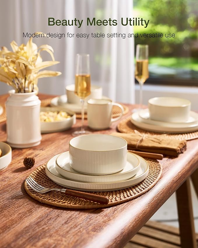 Famiware Star 12-Piece Stoneware Dinnerware Sets with Trim, Service for 4, Ceramic Plates and Bowls Set, Modern Rustic Dishes, Everyday/Formal, Chip/Scratch Resistant, Microwave/Dishwasher Safe, White
