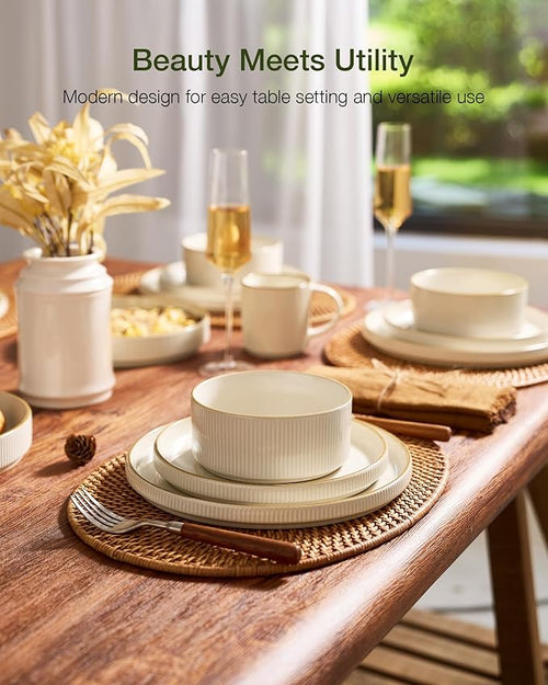 Famiware Star 18-Piece Stoneware Plates and Bowls Sets, Service for 6, Ceramic Dinnerware with Trim, Modern Rustic Dishes for Everyday/Formal, Chip/Scratch Resistant, Microwave/Dishwasher Safe, White
