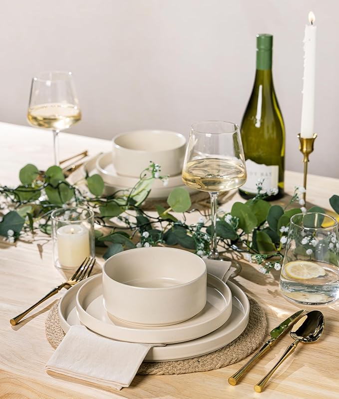 TheTerra Ceramic Dinnerware Sets for 4, 12 Pieces Handmade Reactive Glaze Plates and Bowls Set, Scratch Resistant Dish Set, Oven & Microwave & Dishwasher Safe, Matte White