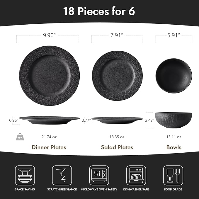 KINGSTONE Black Dinnerware Sets, 18-Piece Matte Marble Pattern Premium Porcelain, Place Setting with Dinner Plate, Salad Plate, Pasta Bowl, Microwave and Dishwasher Safe