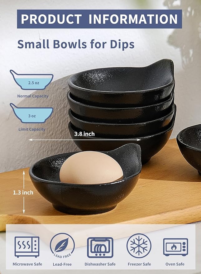 YJR Ceramic Side Dishes, Seasoning Dishes, Dipping Bowls - 4 Inch, for Ketchup Soy Sauce BBQ Party, Set of 6, Black